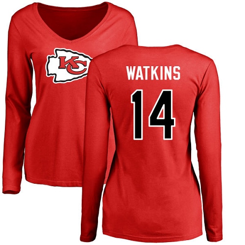 Women Football Kansas City Chiefs #14 Watkins Sammy Red Name and Number Logo Slim Fit Long Sleeve T-Shirt->kansas city chiefs->NFL Jersey
